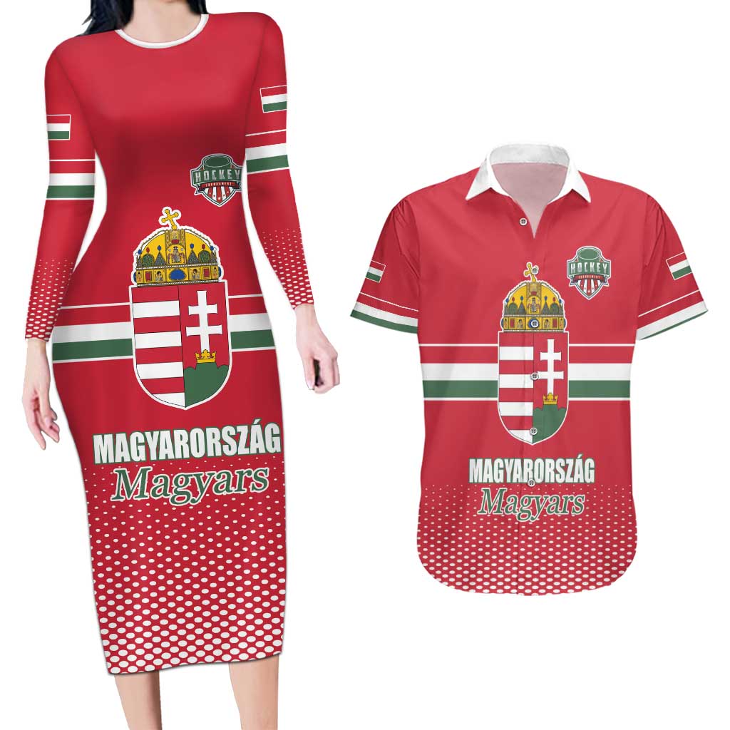 Custom Hungary Ice Hockey Couples Matching Long Sleeve Bodycon Dress and Hawaiian Shirt Red Style Come on Magyars