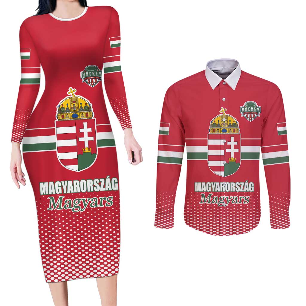 Custom Hungary Ice Hockey Couples Matching Long Sleeve Bodycon Dress and Long Sleeve Button Shirt Red Style Come on Magyars