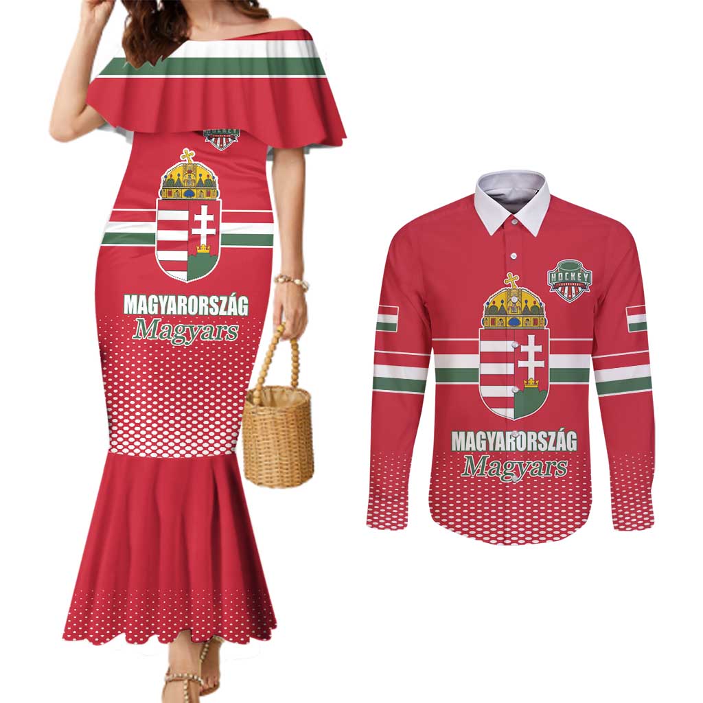 Custom Hungary Ice Hockey Couples Matching Mermaid Dress and Long Sleeve Button Shirt Red Style Come on Magyars