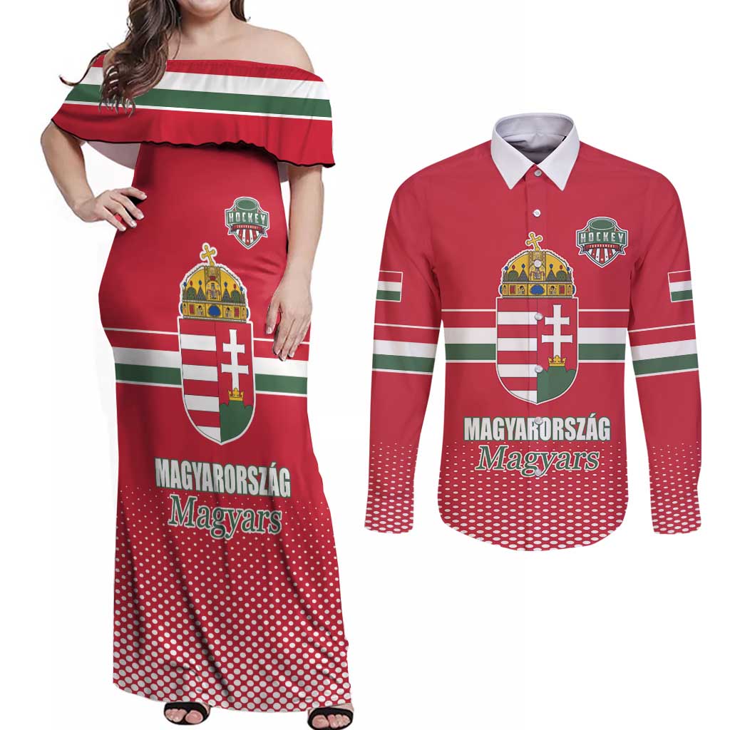 Custom Hungary Ice Hockey Couples Matching Off Shoulder Maxi Dress and Long Sleeve Button Shirt Red Style Come on Magyars