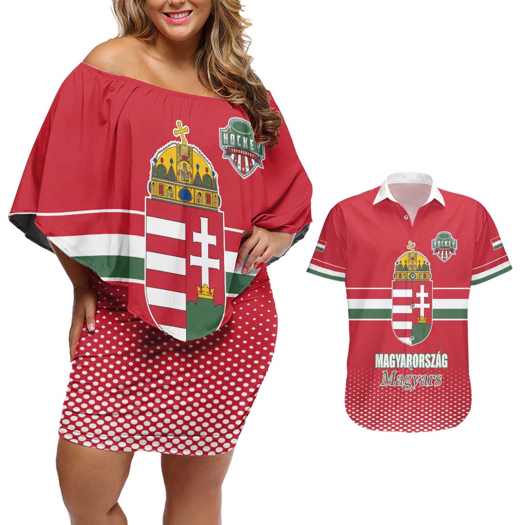 Custom Hungary Ice Hockey Couples Matching Off Shoulder Short Dress and Hawaiian Shirt Red Style Come on Magyars