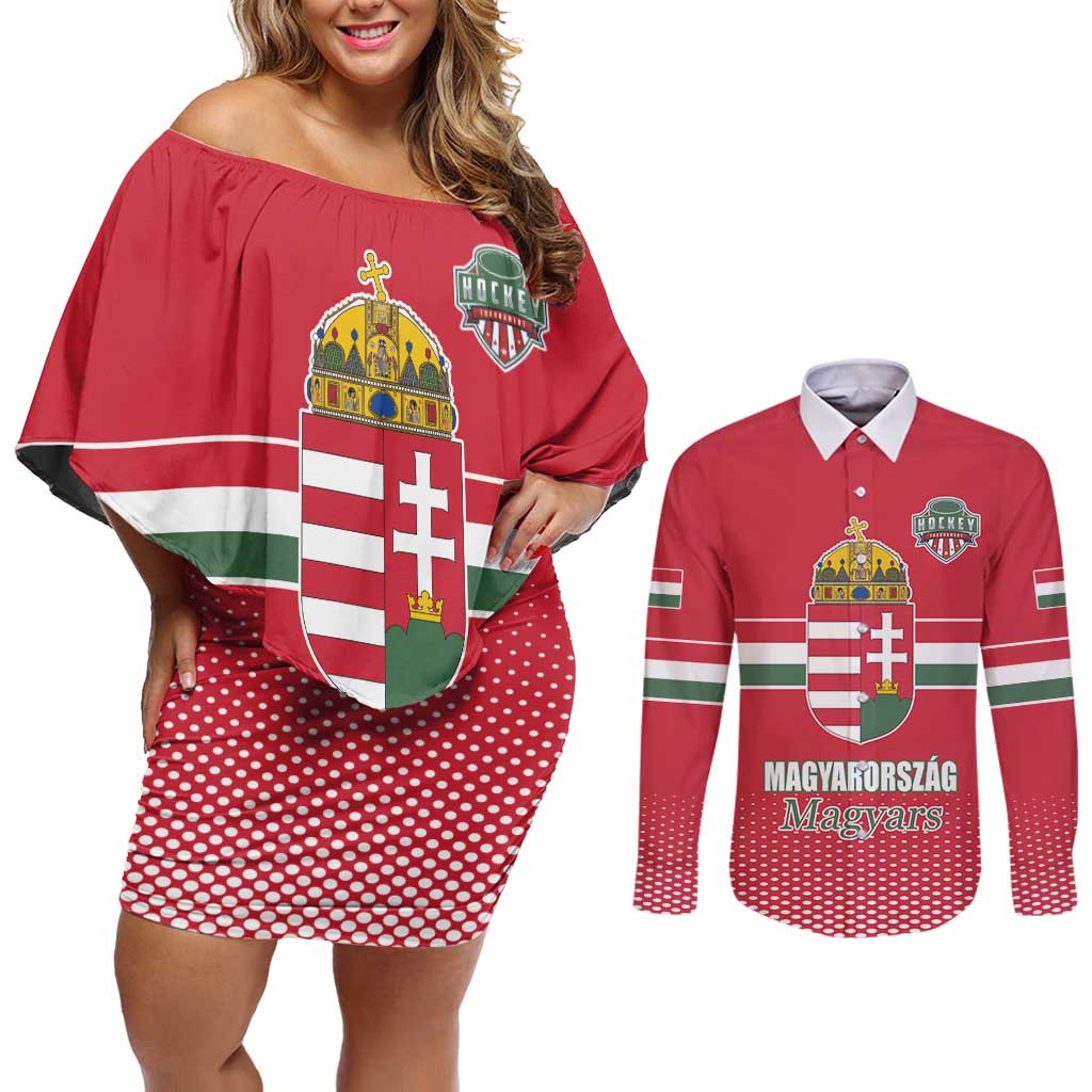 Custom Hungary Ice Hockey Couples Matching Off Shoulder Short Dress and Long Sleeve Button Shirt Red Style Come on Magyars