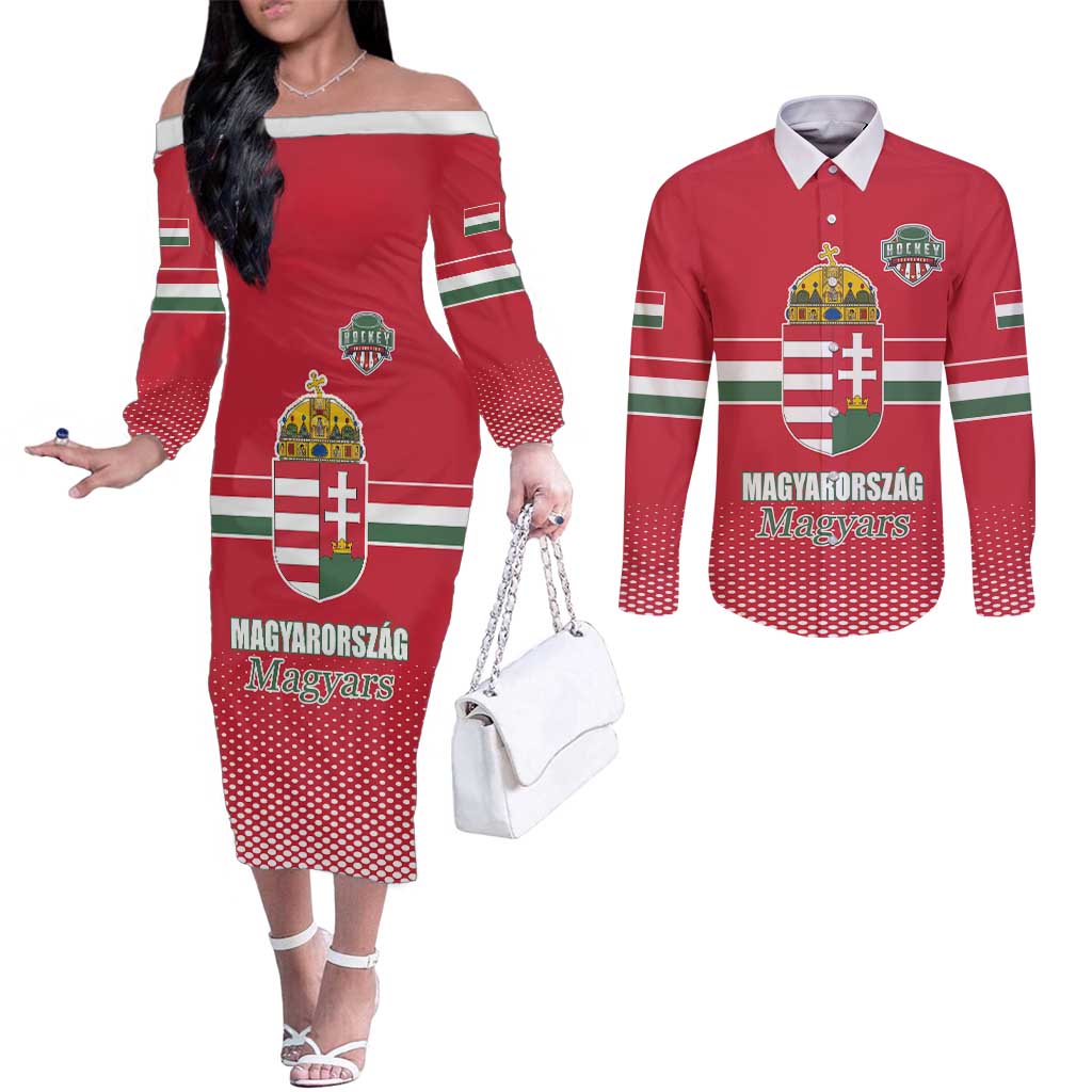 Custom Hungary Ice Hockey Couples Matching Off The Shoulder Long Sleeve Dress and Long Sleeve Button Shirt Red Style Come on Magyars