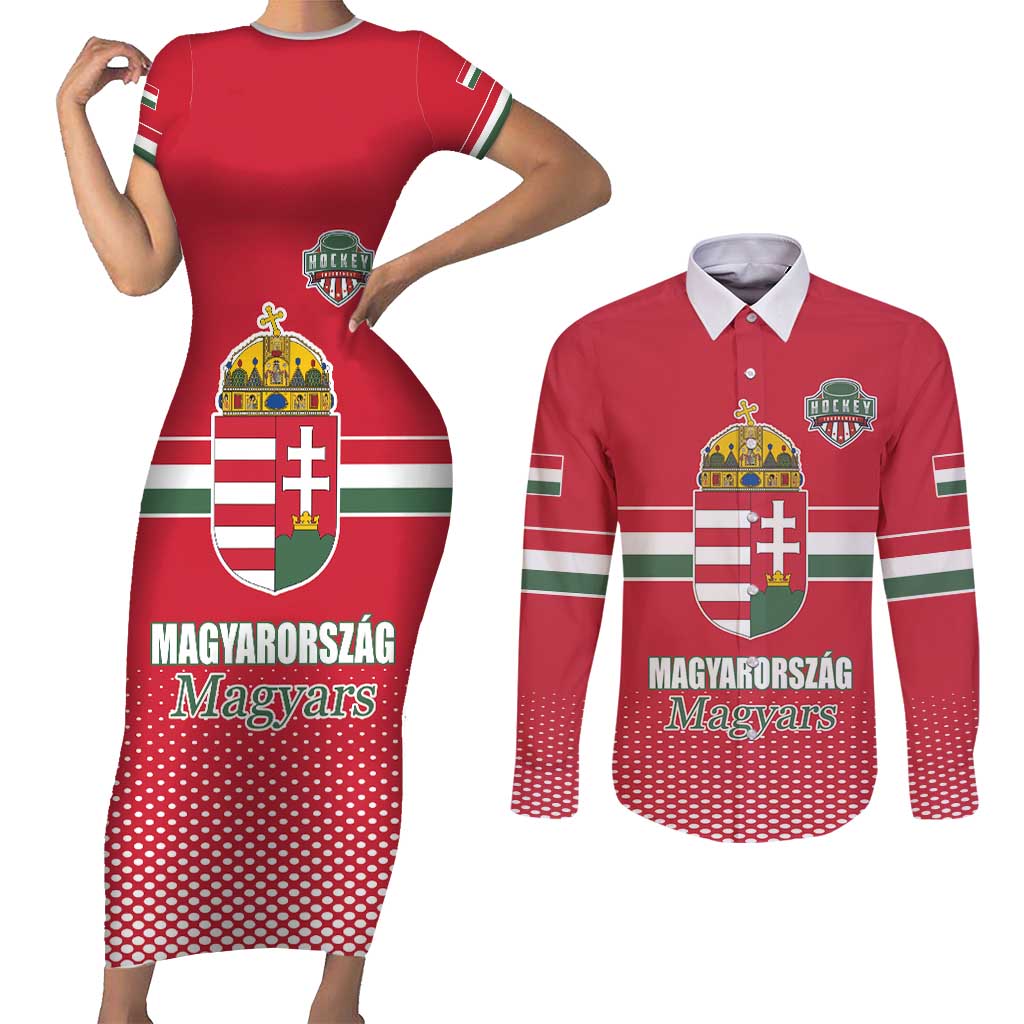 Custom Hungary Ice Hockey Couples Matching Short Sleeve Bodycon Dress and Long Sleeve Button Shirt Red Style Come on Magyars