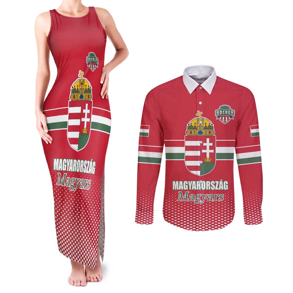 Custom Hungary Ice Hockey Couples Matching Tank Maxi Dress and Long Sleeve Button Shirt Red Style Come on Magyars