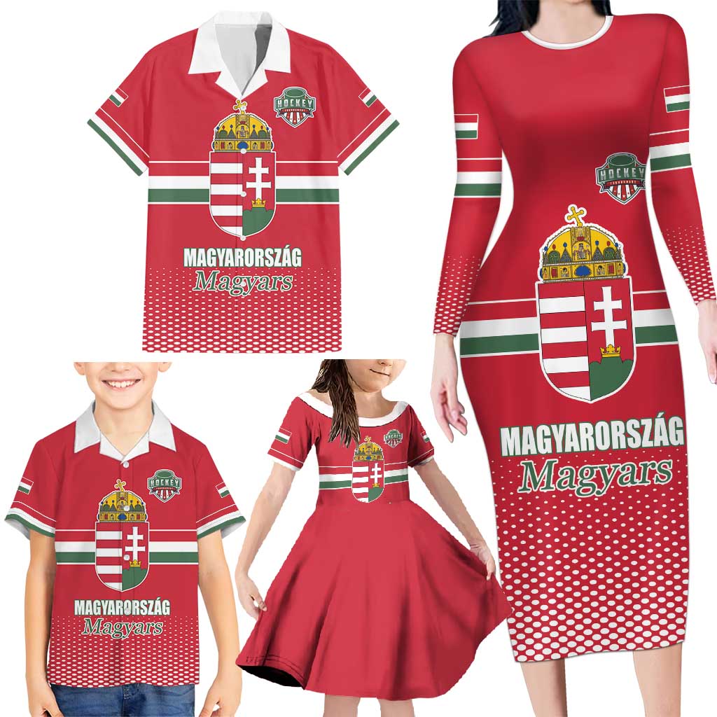 Custom Hungary Ice Hockey Family Matching Long Sleeve Bodycon Dress and Hawaiian Shirt Red Style Come on Magyars