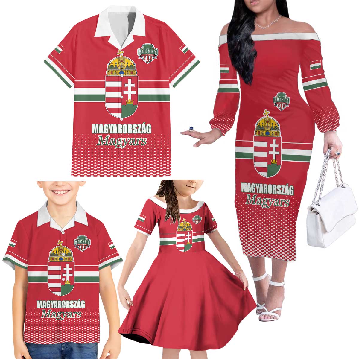 Custom Hungary Ice Hockey Family Matching Off The Shoulder Long Sleeve Dress and Hawaiian Shirt Red Style Come on Magyars