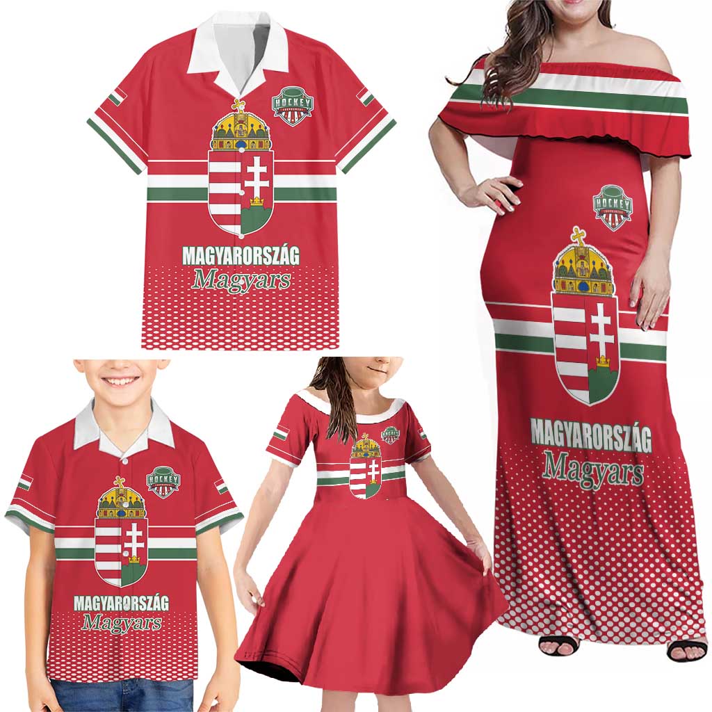 Custom Hungary Ice Hockey Family Matching Off Shoulder Maxi Dress and Hawaiian Shirt Red Style Come on Magyars