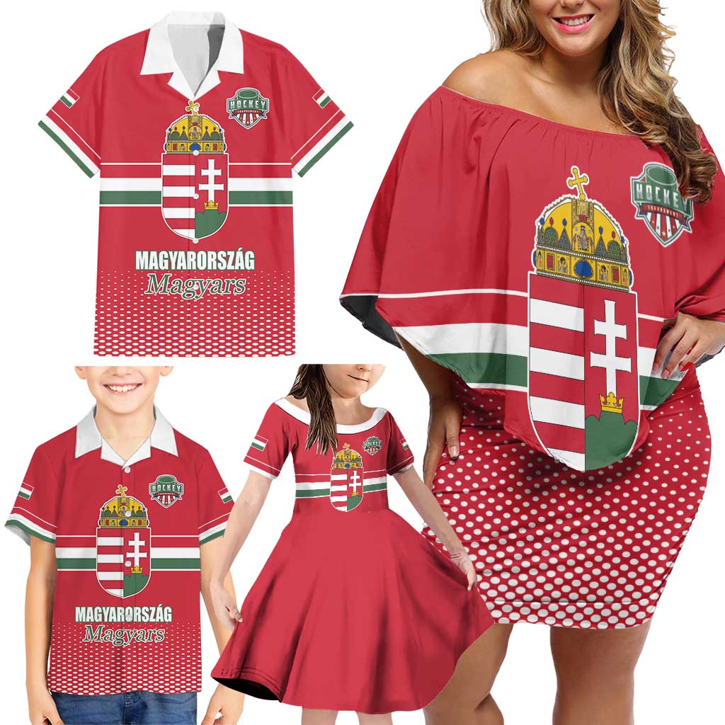 Custom Hungary Ice Hockey Family Matching Off Shoulder Short Dress and Hawaiian Shirt Red Style Come on Magyars