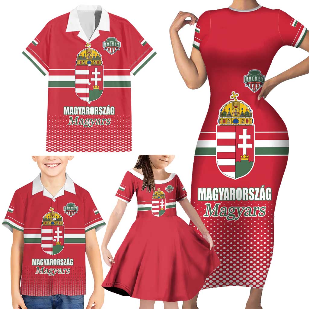 Custom Hungary Ice Hockey Family Matching Short Sleeve Bodycon Dress and Hawaiian Shirt Red Style Come on Magyars