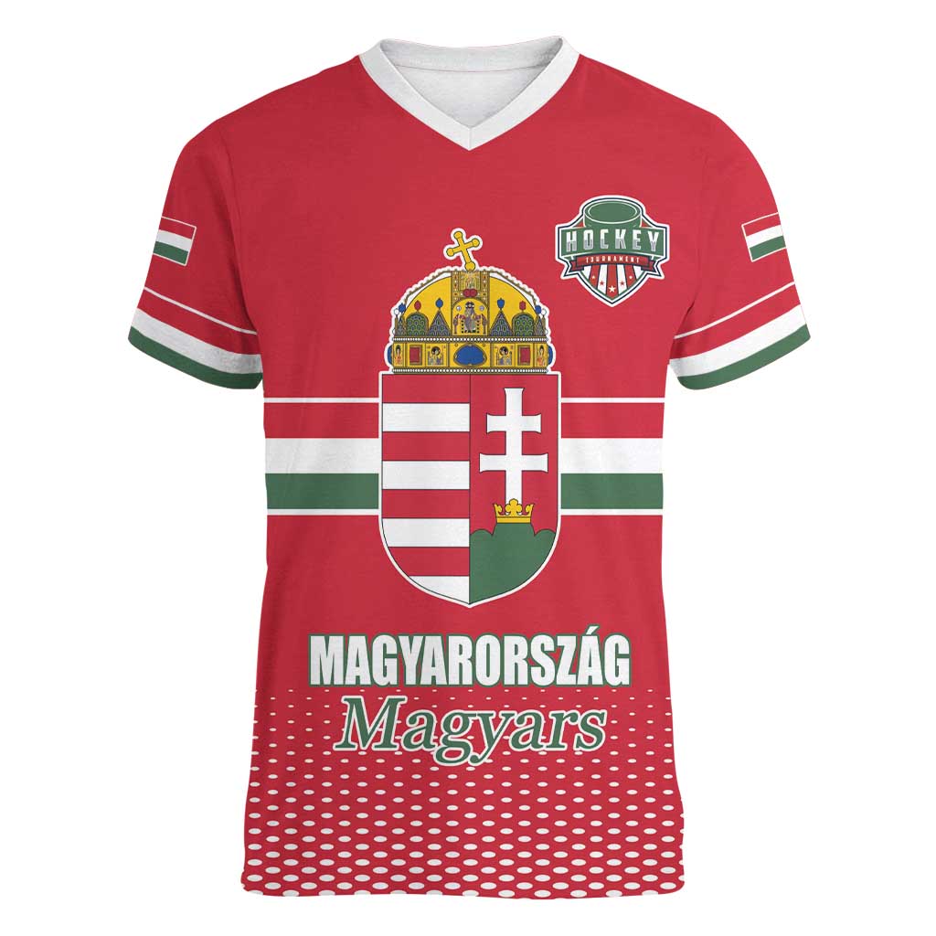 Custom Hungary Ice Hockey Women V-Neck T-Shirt Red Style Come on Magyars