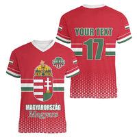 Custom Hungary Ice Hockey Women V-Neck T-Shirt Red Style Come on Magyars
