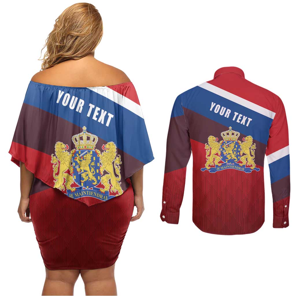 Personalized Netherlands Lion Couples Matching Off Shoulder Short Dress and Long Sleeve Button Shirt Nederland Flag and Coat of Arms