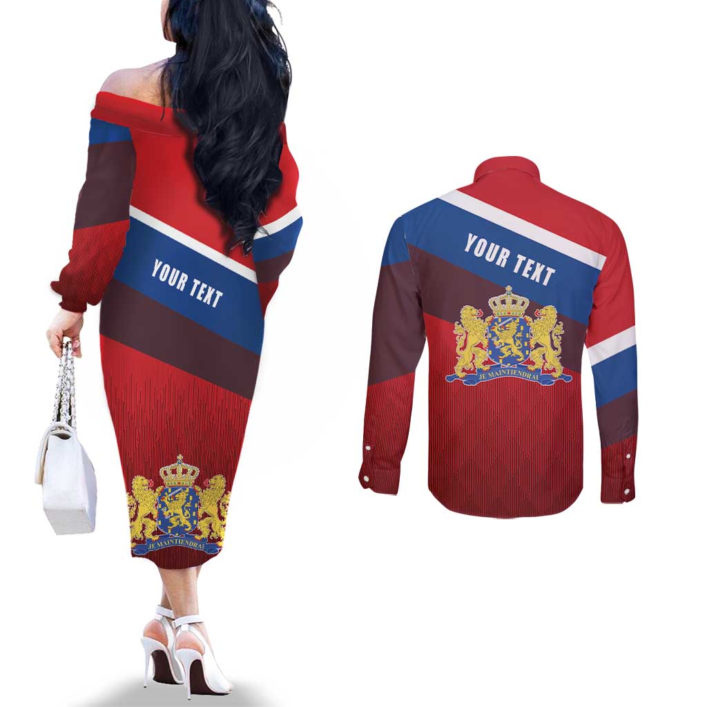Personalized Netherlands Lion Couples Matching Off The Shoulder Long Sleeve Dress and Long Sleeve Button Shirt Nederland Flag and Coat of Arms