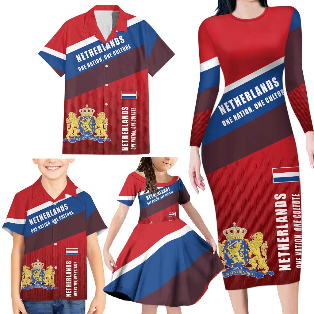 Personalized Netherlands Lion Family Matching Long Sleeve Bodycon Dress and Hawaiian Shirt Nederland Flag and Coat of Arms
