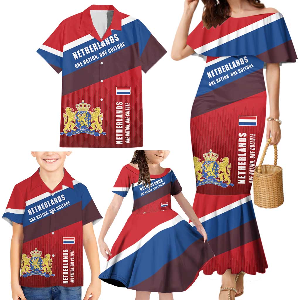 Personalized Netherlands Lion Family Matching Mermaid Dress and Hawaiian Shirt Nederland Flag and Coat of Arms