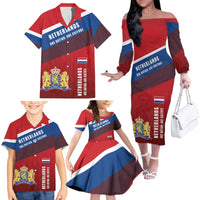 Personalized Netherlands Lion Family Matching Off The Shoulder Long Sleeve Dress and Hawaiian Shirt Nederland Flag and Coat of Arms