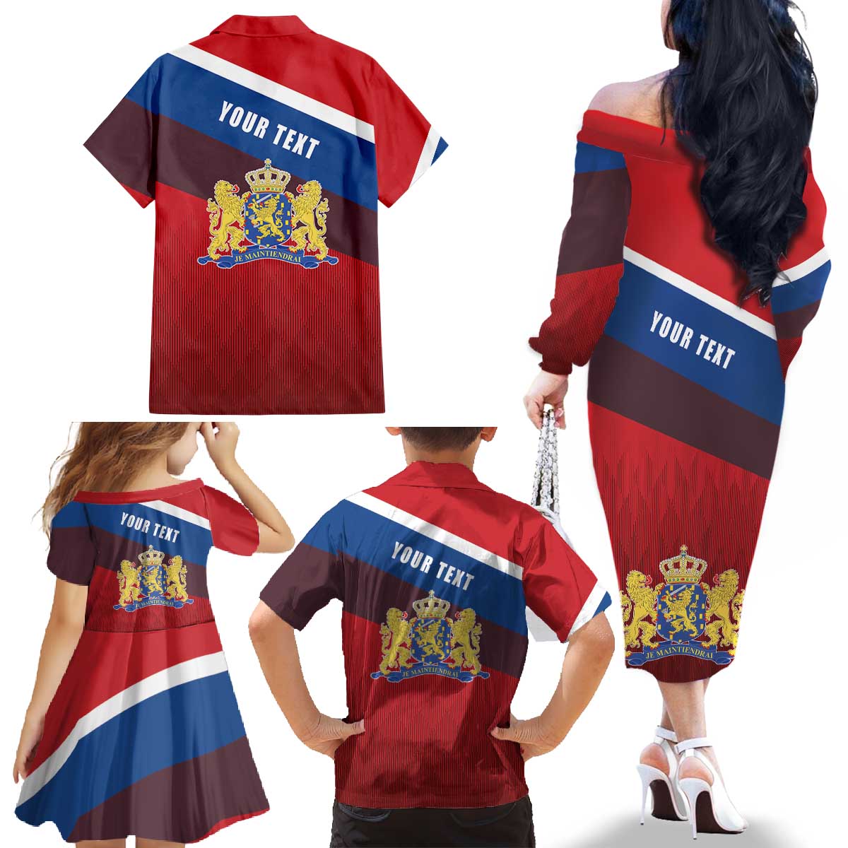Personalized Netherlands Lion Family Matching Off The Shoulder Long Sleeve Dress and Hawaiian Shirt Nederland Flag and Coat of Arms