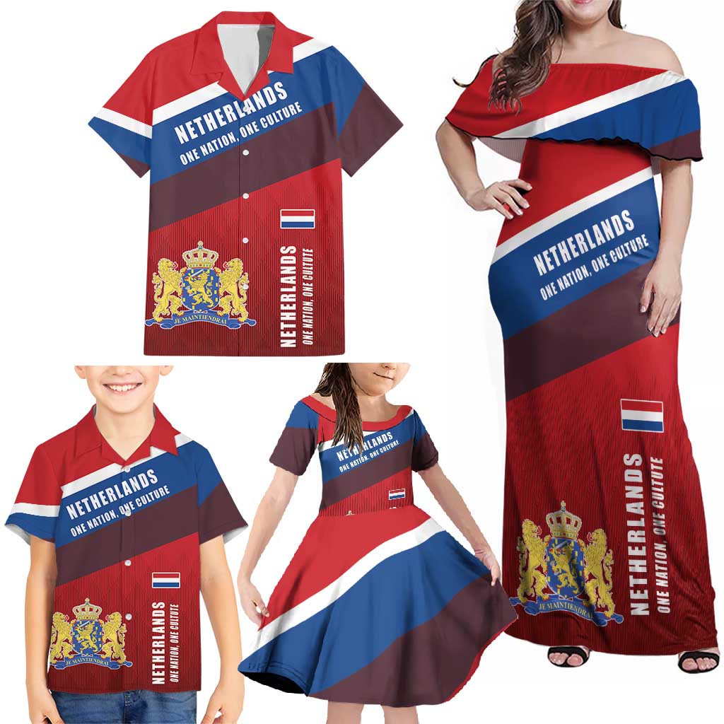Personalized Netherlands Lion Family Matching Off Shoulder Maxi Dress and Hawaiian Shirt Nederland Flag and Coat of Arms