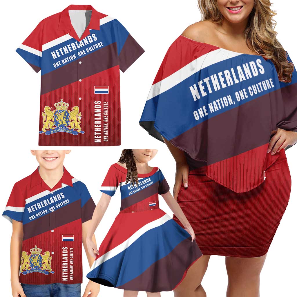 Personalized Netherlands Lion Family Matching Off Shoulder Short Dress and Hawaiian Shirt Nederland Flag and Coat of Arms