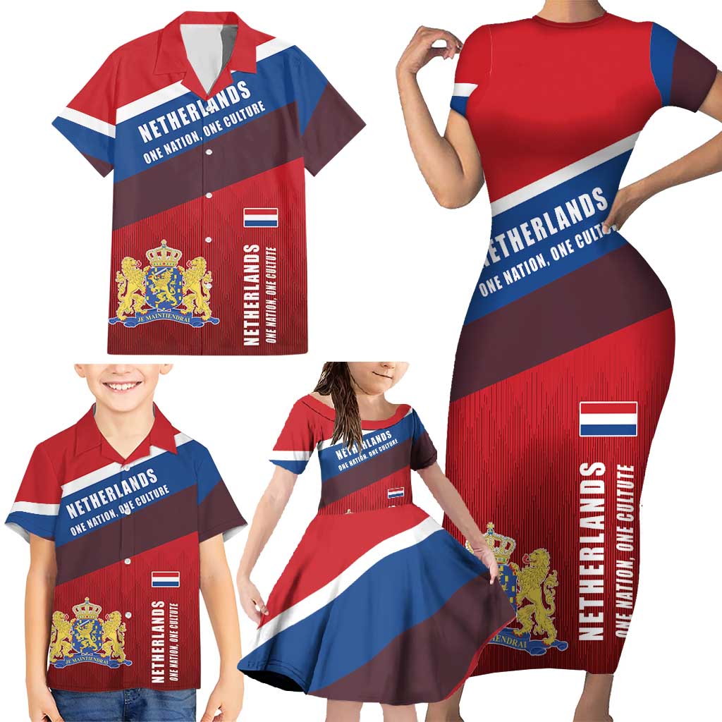 Personalized Netherlands Lion Family Matching Short Sleeve Bodycon Dress and Hawaiian Shirt Nederland Flag and Coat of Arms
