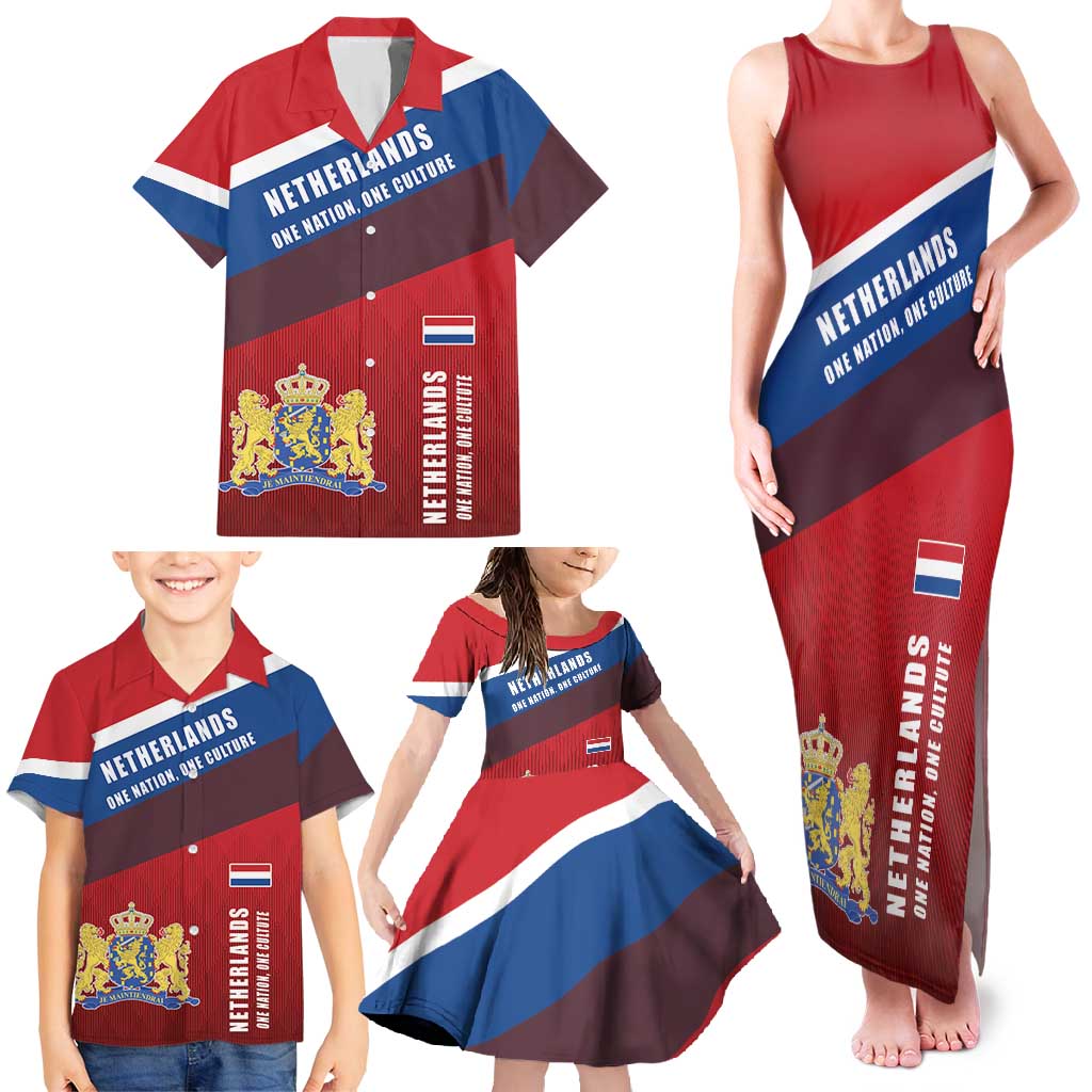 Personalized Netherlands Lion Family Matching Tank Maxi Dress and Hawaiian Shirt Nederland Flag and Coat of Arms