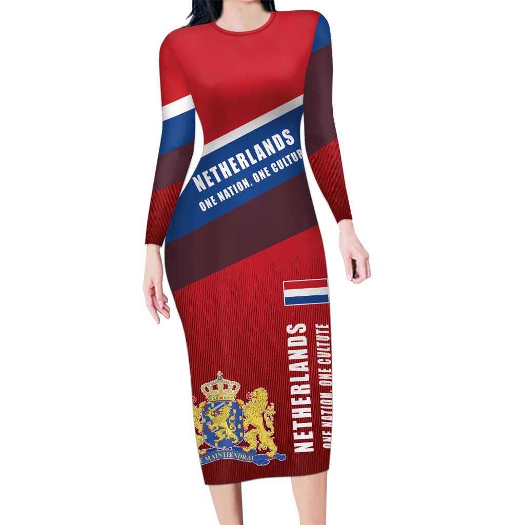 Personalized Netherlands Lion Long Sleeve Bodycon Dress Nederland Flag and Coat of Arms