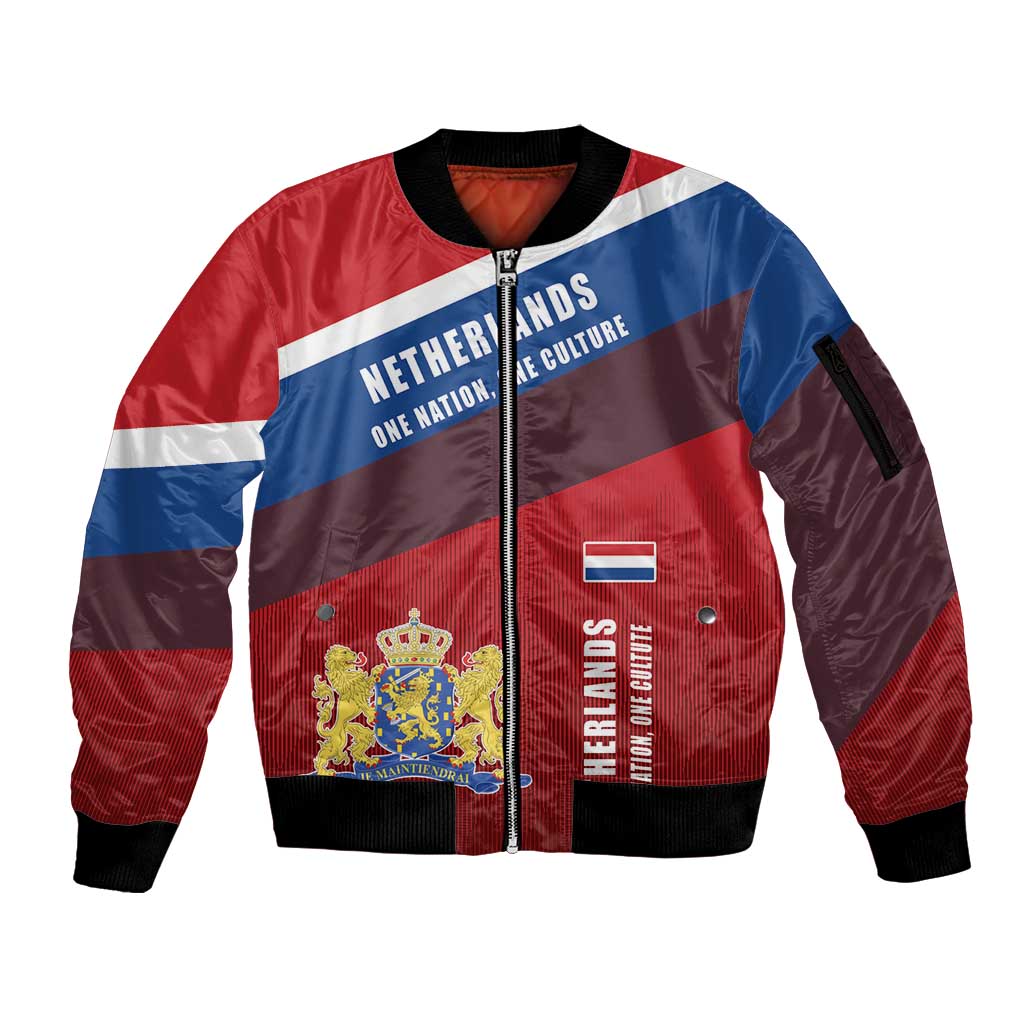 Personalized Netherlands Lion Sleeve Zip Bomber Jacket Nederland Flag and Coat of Arms