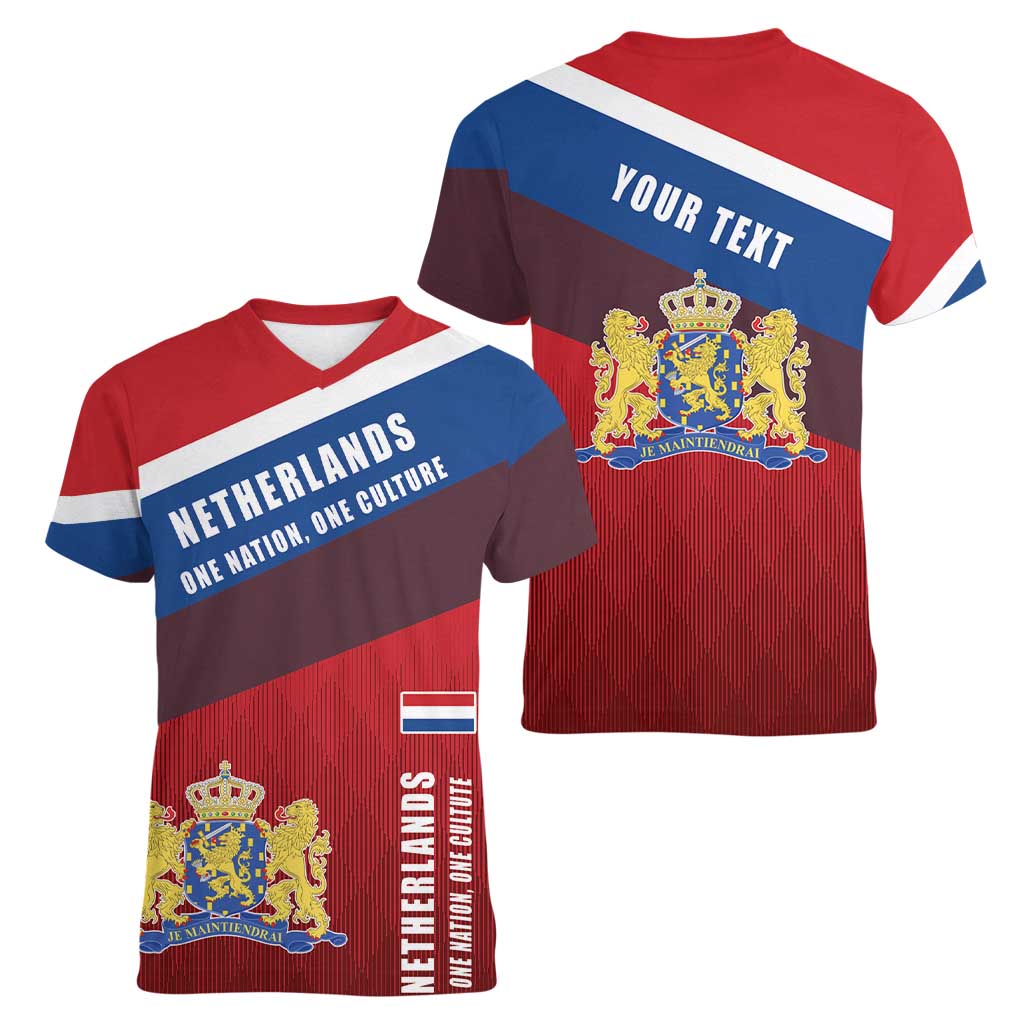 Personalized Netherlands Lion Women V-Neck T-Shirt Nederland Flag and Coat of Arms