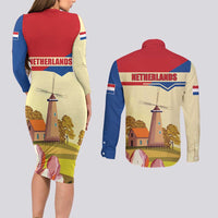 Netherlands Lion and Knight Couples Matching Long Sleeve Bodycon Dress and Long Sleeve Button Shirt Tulips and Windmills