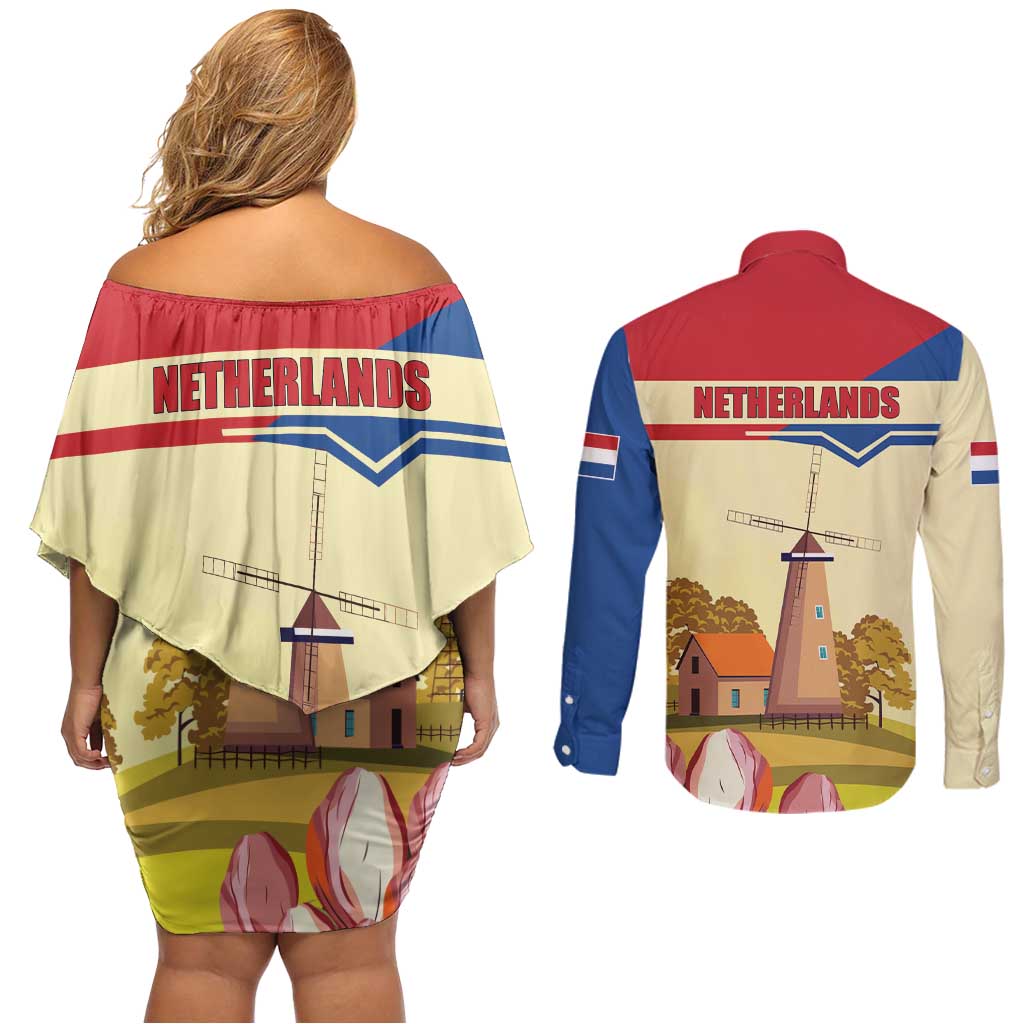 Netherlands Lion and Knight Couples Matching Off Shoulder Short Dress and Long Sleeve Button Shirt Tulips and Windmills