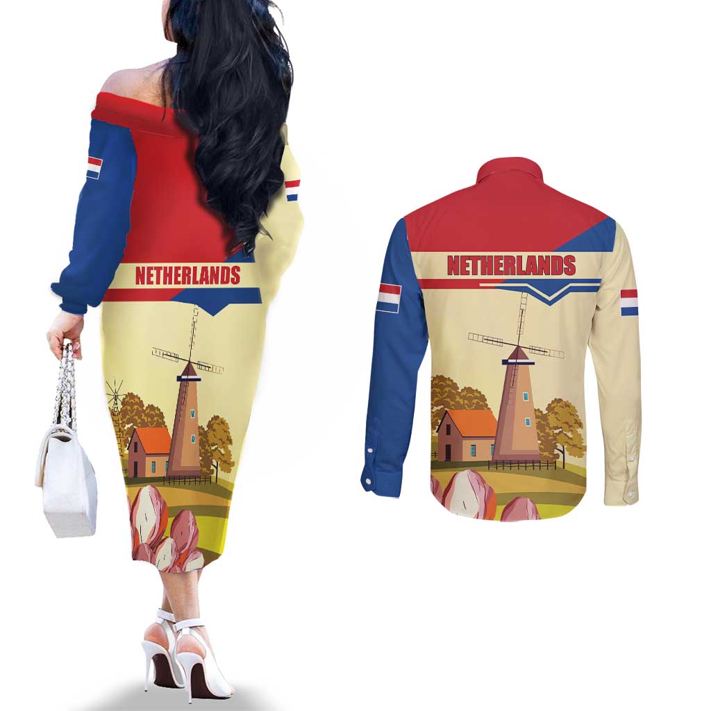 Netherlands Lion and Knight Couples Matching Off The Shoulder Long Sleeve Dress and Long Sleeve Button Shirt Tulips and Windmills