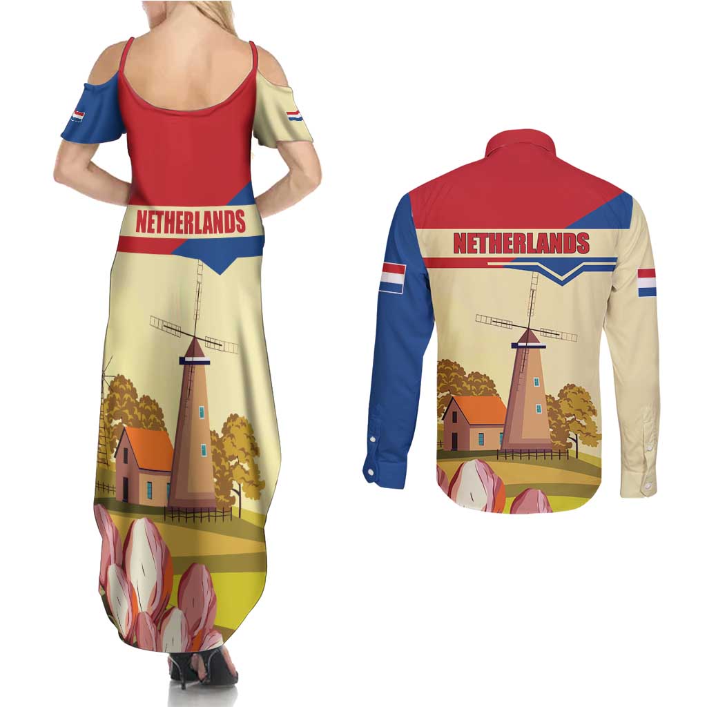 Netherlands Lion and Knight Couples Matching Summer Maxi Dress and Long Sleeve Button Shirt Tulips and Windmills