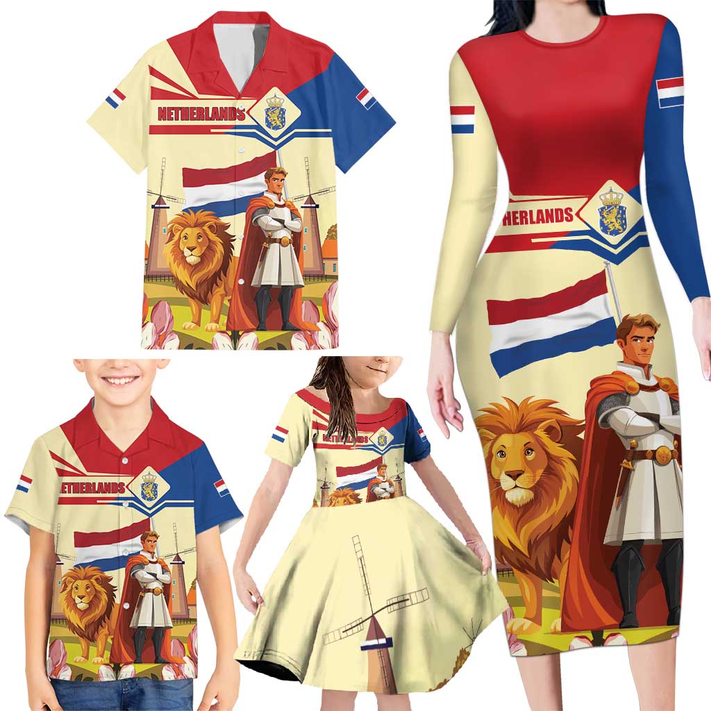 Netherlands Lion and Knight Family Matching Long Sleeve Bodycon Dress and Hawaiian Shirt Tulips and Windmills