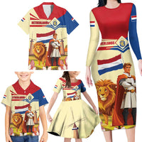 Netherlands Lion and Knight Family Matching Long Sleeve Bodycon Dress and Hawaiian Shirt Tulips and Windmills