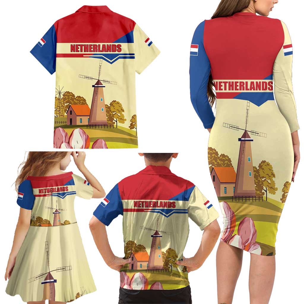 Netherlands Lion and Knight Family Matching Long Sleeve Bodycon Dress and Hawaiian Shirt Tulips and Windmills