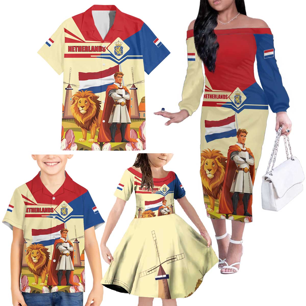 Netherlands Lion and Knight Family Matching Off The Shoulder Long Sleeve Dress and Hawaiian Shirt Tulips and Windmills