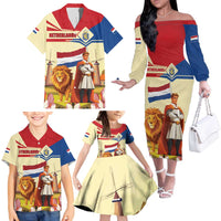 Netherlands Lion and Knight Family Matching Off The Shoulder Long Sleeve Dress and Hawaiian Shirt Tulips and Windmills