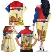Netherlands Lion and Knight Family Matching Off The Shoulder Long Sleeve Dress and Hawaiian Shirt Tulips and Windmills