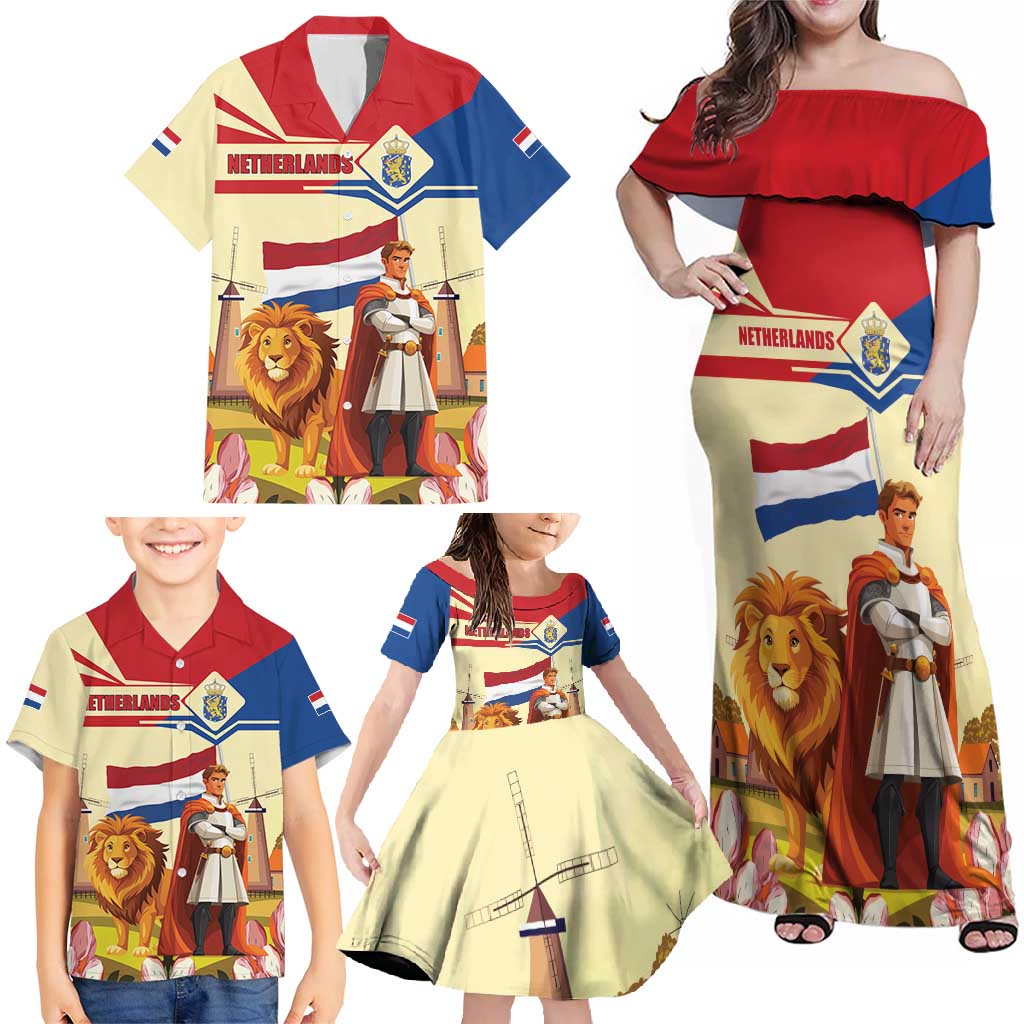 Netherlands Lion and Knight Family Matching Off Shoulder Maxi Dress and Hawaiian Shirt Tulips and Windmills