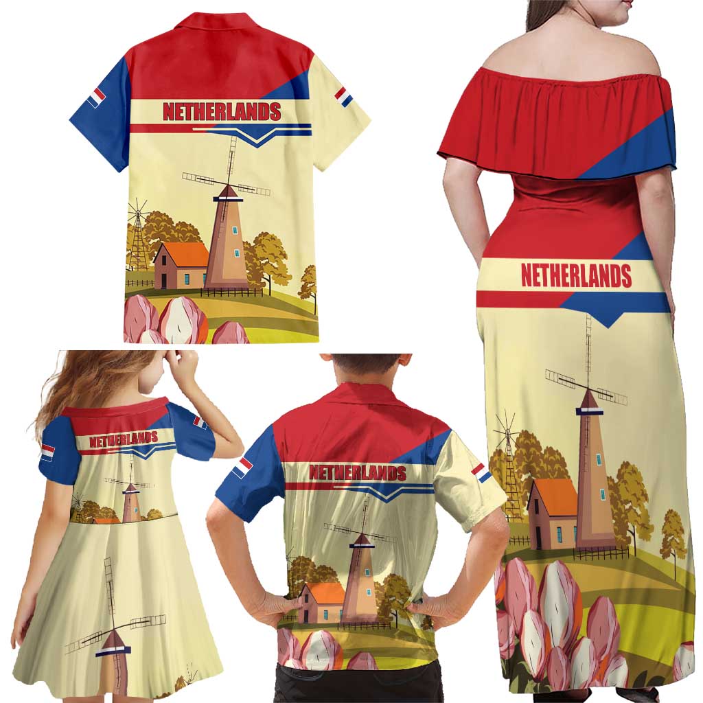 Netherlands Lion and Knight Family Matching Off Shoulder Maxi Dress and Hawaiian Shirt Tulips and Windmills