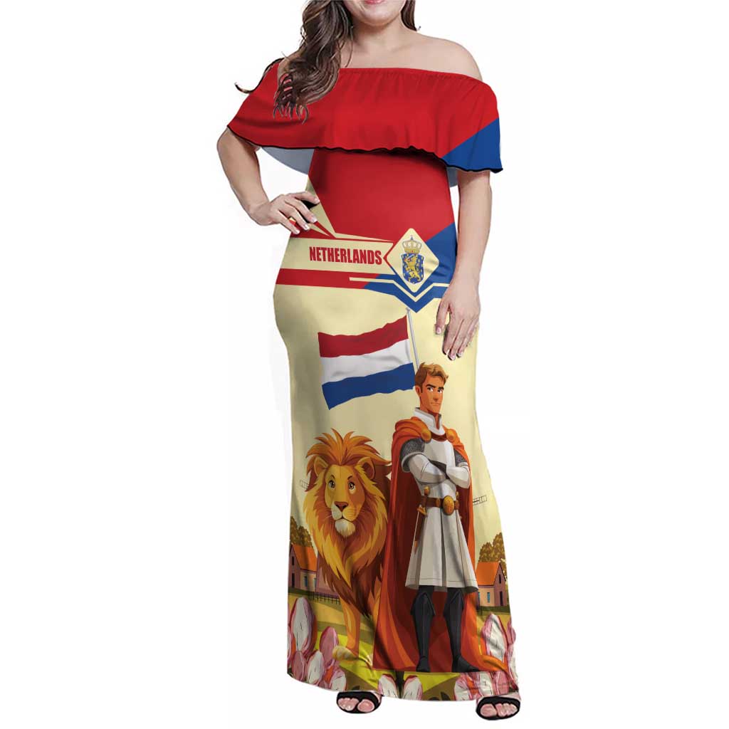 Netherlands Lion and Knight Family Matching Off Shoulder Maxi Dress and Hawaiian Shirt Tulips and Windmills