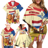 Netherlands Lion and Knight Family Matching Off Shoulder Short Dress and Hawaiian Shirt Tulips and Windmills