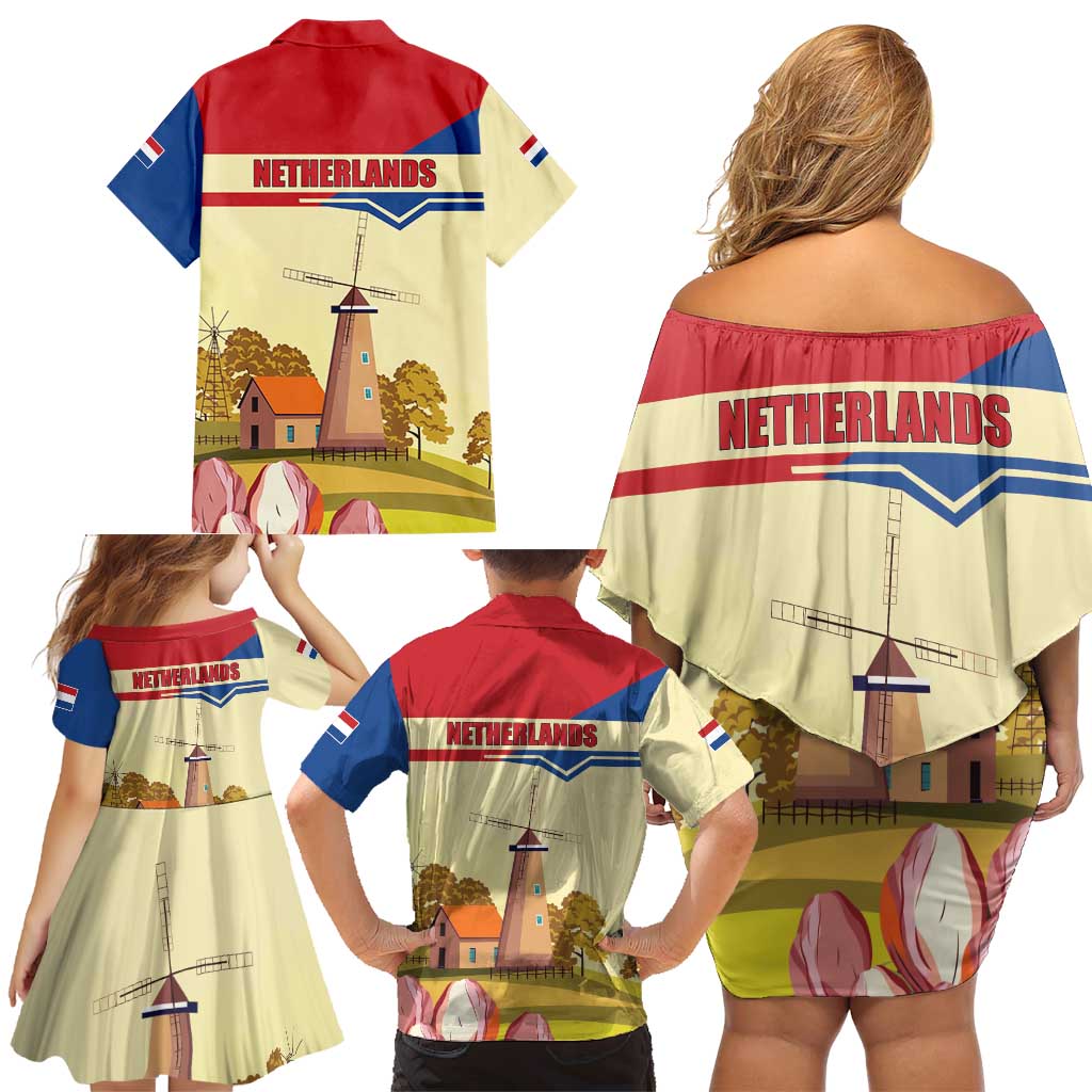 Netherlands Lion and Knight Family Matching Off Shoulder Short Dress and Hawaiian Shirt Tulips and Windmills