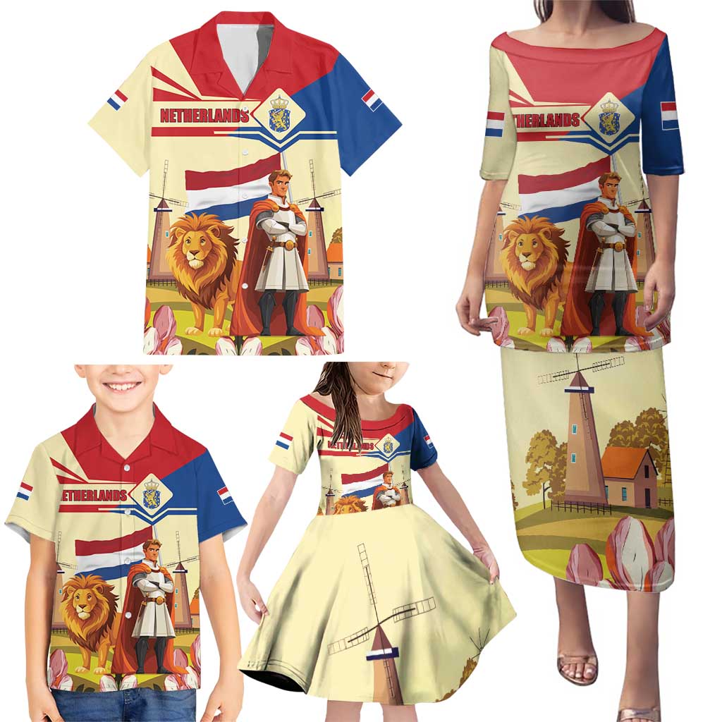 Netherlands Lion and Knight Family Matching Puletasi and Hawaiian Shirt Tulips and Windmills