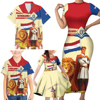Netherlands Lion and Knight Family Matching Short Sleeve Bodycon Dress and Hawaiian Shirt Tulips and Windmills