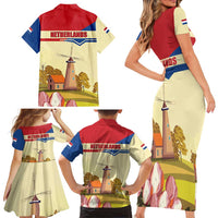 Netherlands Lion and Knight Family Matching Short Sleeve Bodycon Dress and Hawaiian Shirt Tulips and Windmills
