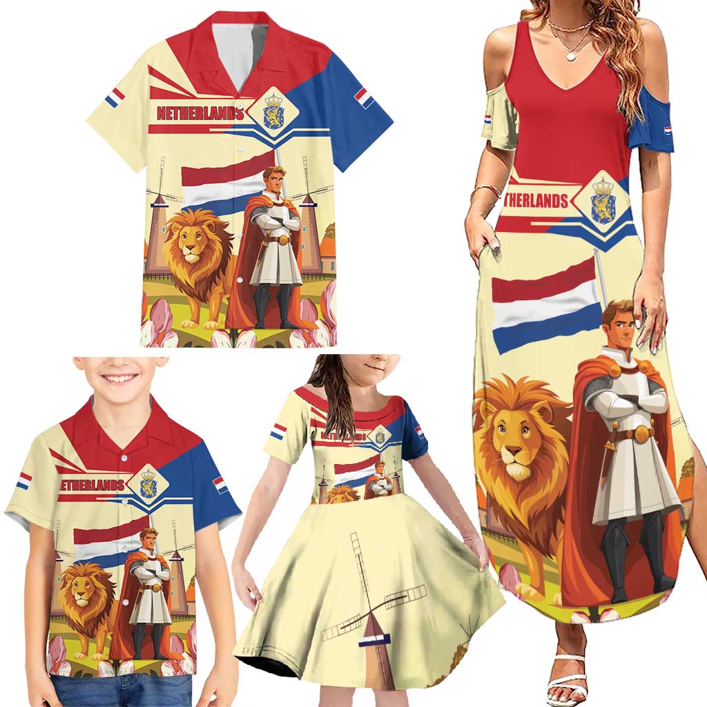Netherlands Lion and Knight Family Matching Summer Maxi Dress and Hawaiian Shirt Tulips and Windmills