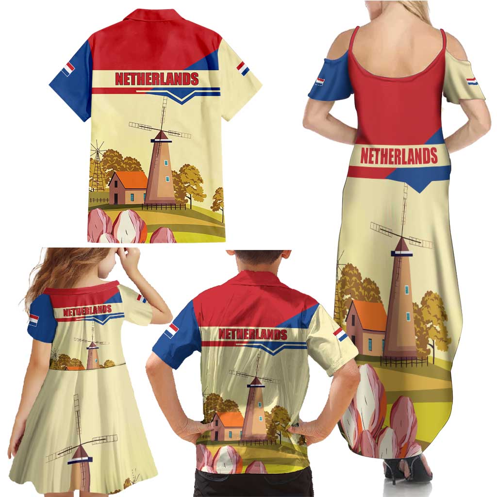 Netherlands Lion and Knight Family Matching Summer Maxi Dress and Hawaiian Shirt Tulips and Windmills