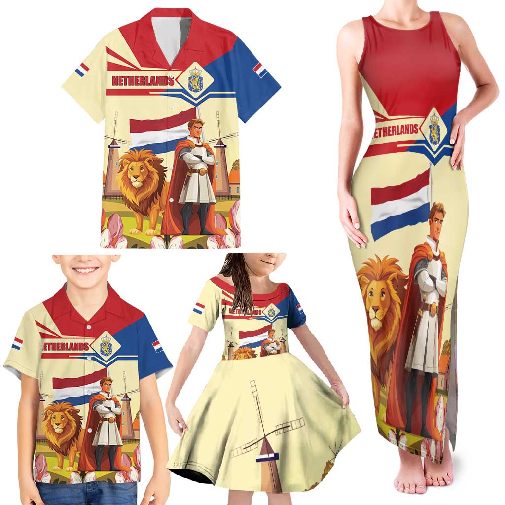 Netherlands Lion and Knight Family Matching Tank Maxi Dress and Hawaiian Shirt Tulips and Windmills